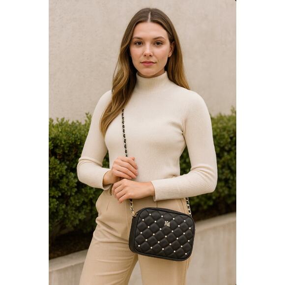 Badgley Michka Black Quilted Vegan Leather Pearl Embellished Chain Crossbody - Picture 1 of 9